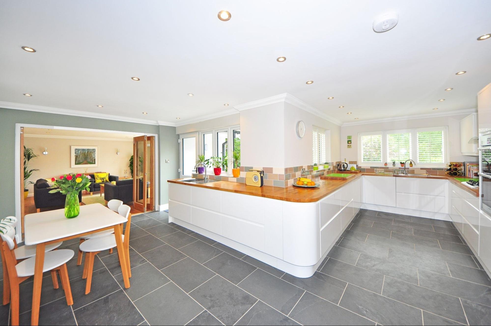 Grey tile floors in an open concept kitchen